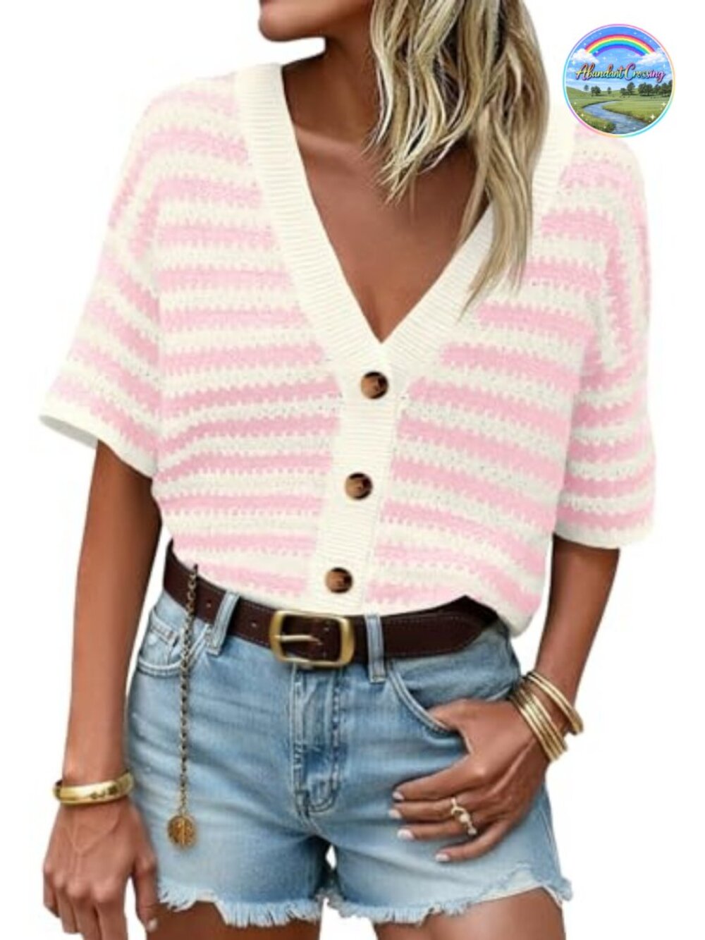 Womens Striped Crochet Cardigan Short Sleeve Button Up V Neck Loose Fit